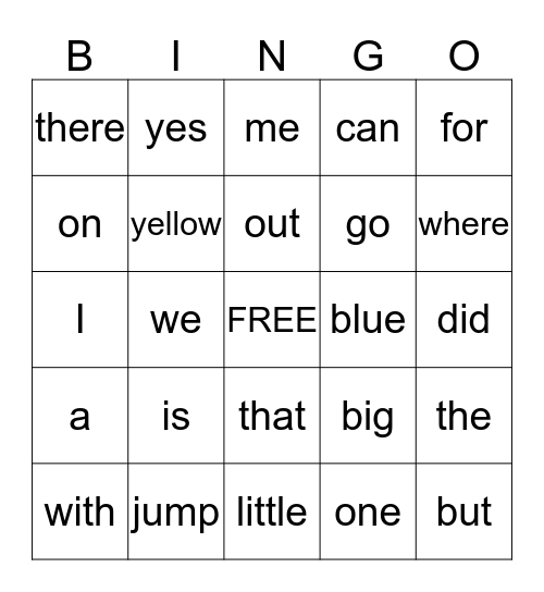 Sight Word Bingo Card