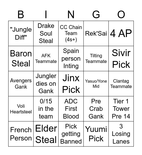 League of Pain Bingo Card