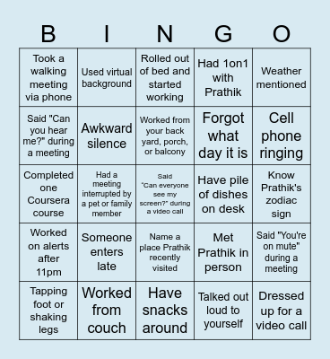 Prathik's Farewell Party Bingo Card