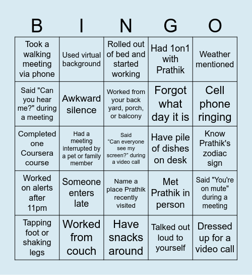 Prathik's Farewell Party Bingo Card