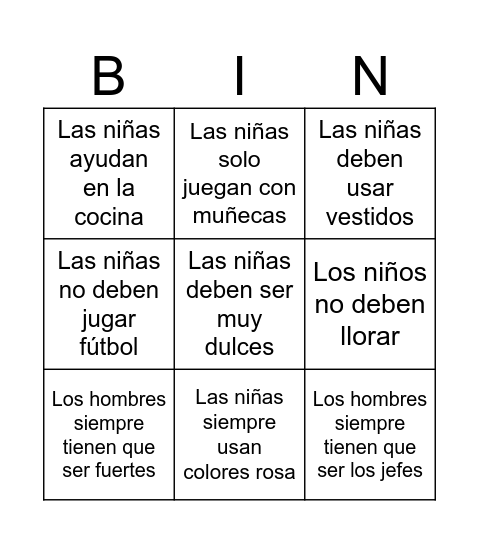 Estereotipos de género Bingo Card