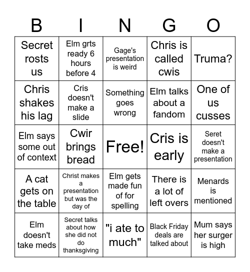 Woods thanks Bingo Card