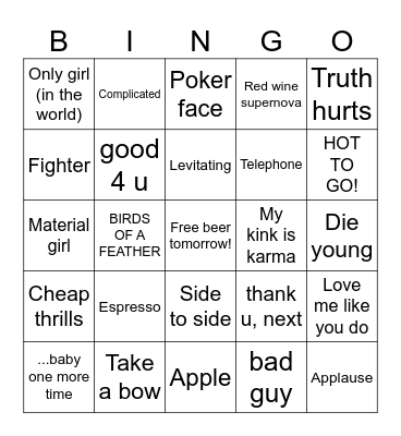 Pop Stars Bingo Card