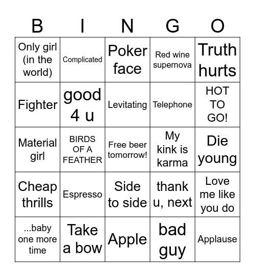 Pop Stars Bingo Card