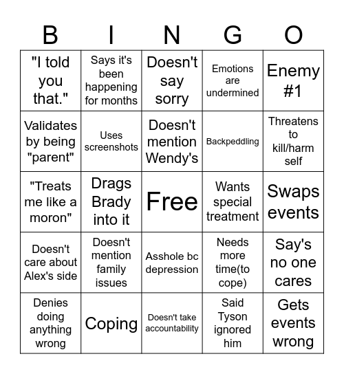 Gabe Bingo Card