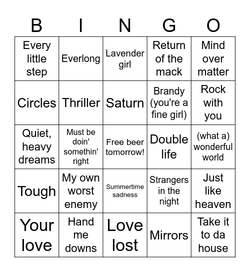 Olivia's Fav Songs Bingo Card