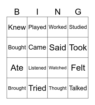 Simple past verbs Bingo Card