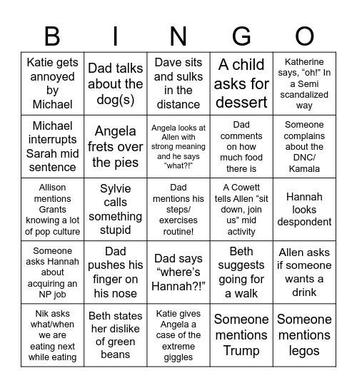 Thanksgiving Cringe Bingo Card