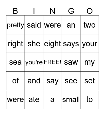 K-2 Sight Words Bingo Card