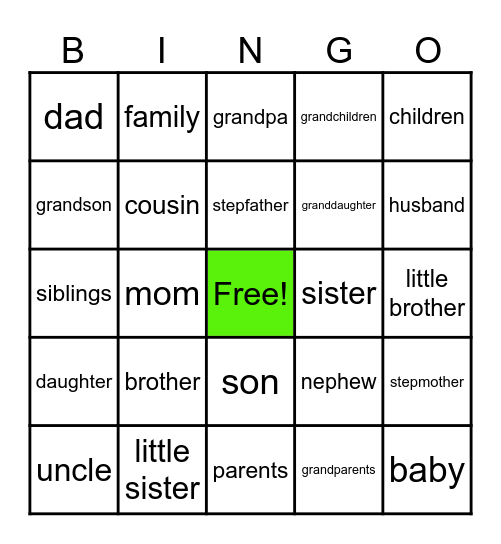 Family Words Bingo Card