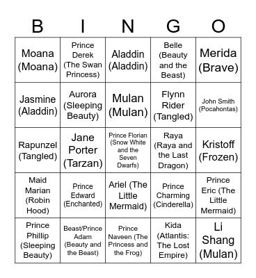 Bingo Princes and Princesses Bingo Card