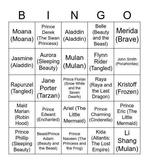 Bingo Princes and Princesses Bingo Card