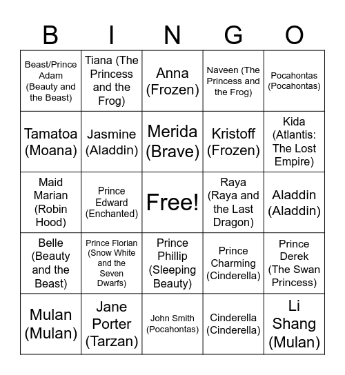 Bingo Princes and Princesses Bingo Card