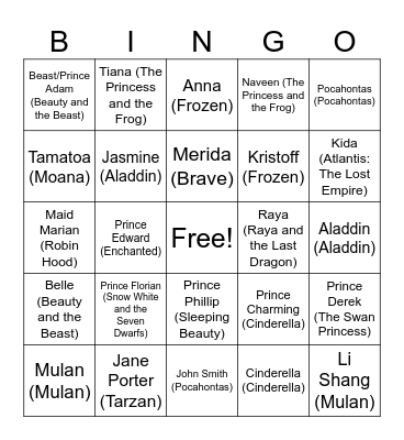 Bingo Princes and Princesses Bingo Card