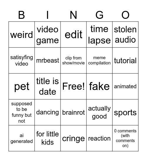 shorts bingo Card