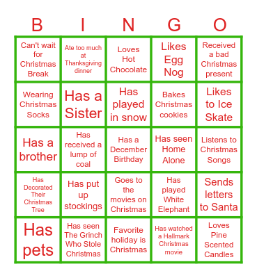 Holiday Icebreaker Bingo Card