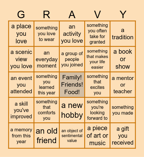 Gratitude Bingo Card