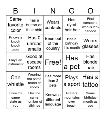 Get to Know You Bingo Card