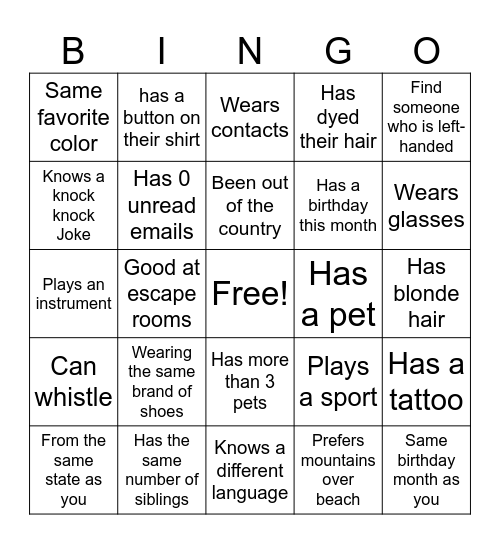 Get to Know You Bingo Card