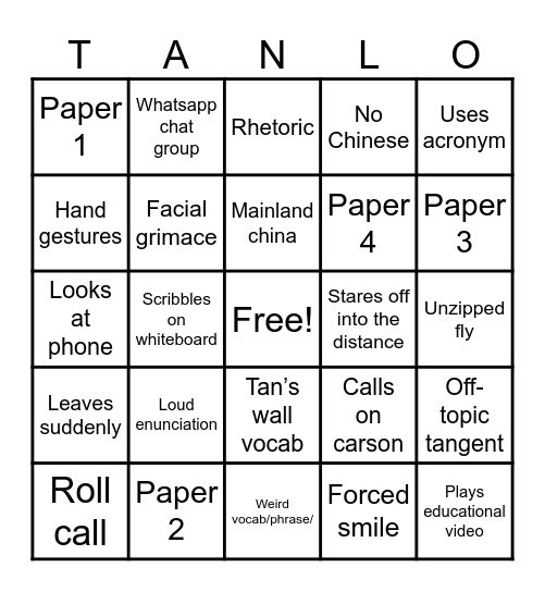 Tan’s Bingo Card