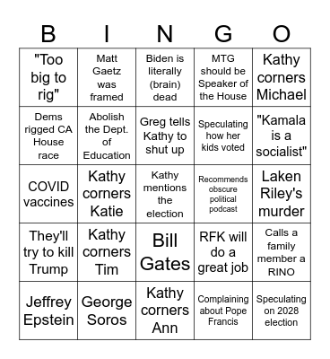 Aunt Thanksgiving politics Bingo Card