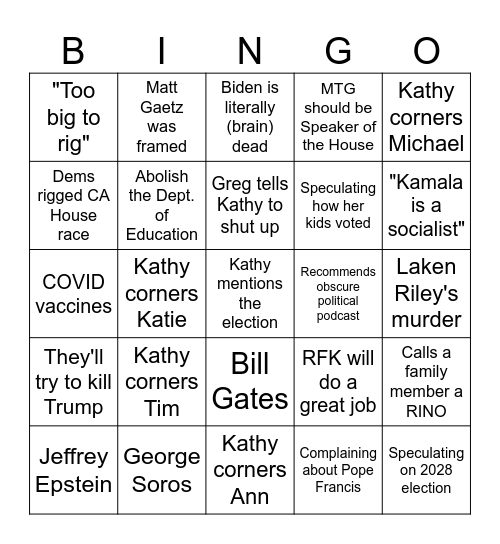 Aunt Thanksgiving politics Bingo Card