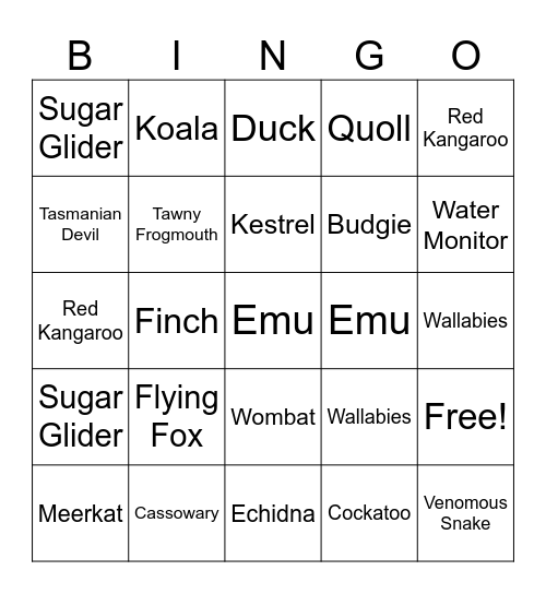 Zoo Bingo Card