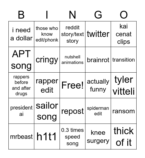 yt shorts\ Bingo Card