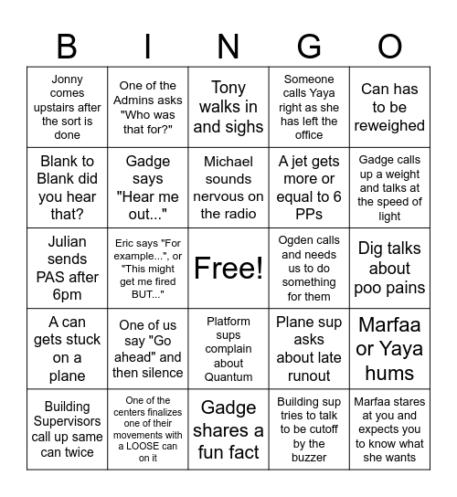 UPS Bingo Card