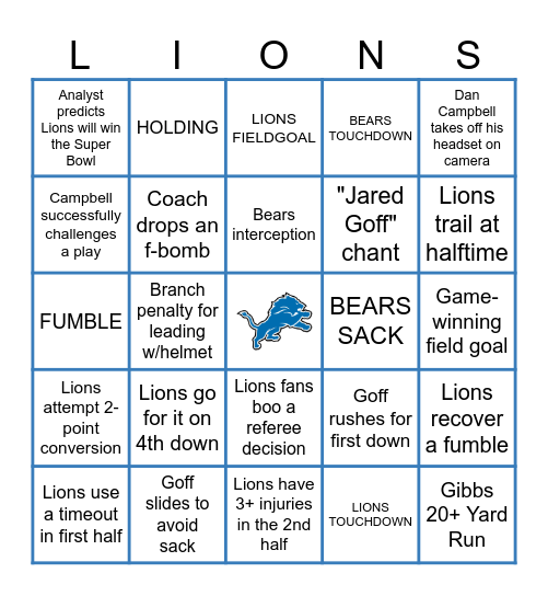 DETROIT LIONS BINGO Card