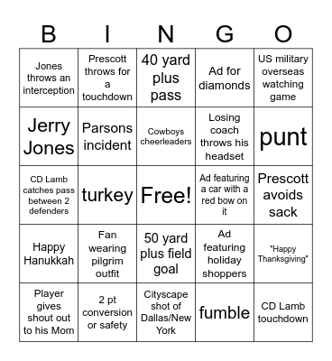 Thanksgiving Day Football Bingo Card