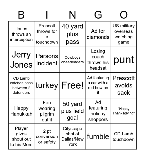 Thanksgiving Day Football Bingo Card