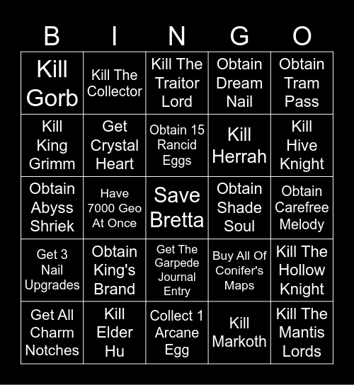 Hollow Knight Bingo! Bingo Card