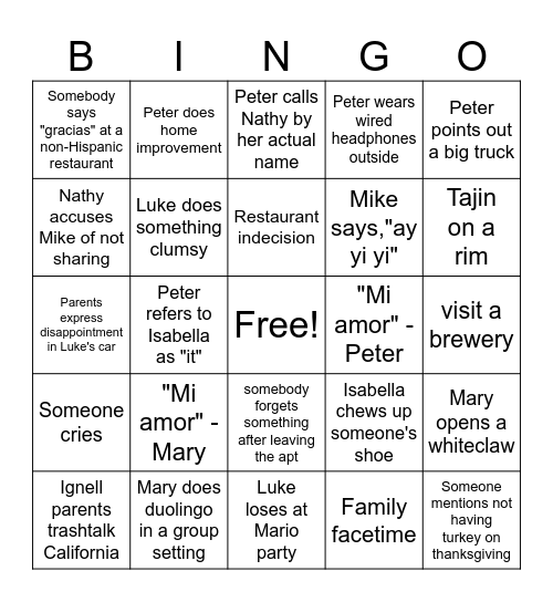 Clearwater Thanksgiving Bingo Card