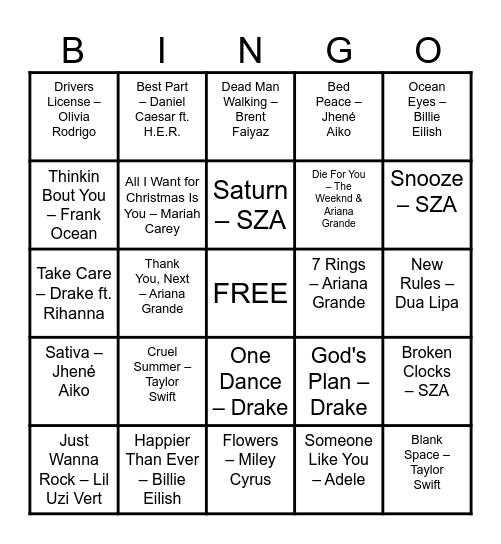 Song Bingo Card