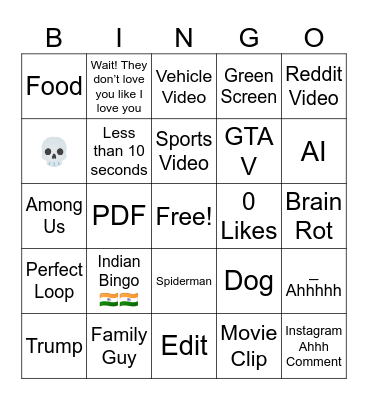 Funny YT Shorts Bingo Card