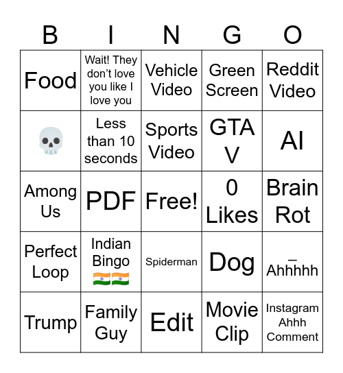 Funny YT Shorts Bingo Card