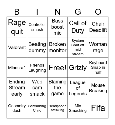 Streamer Rage Bingo Card