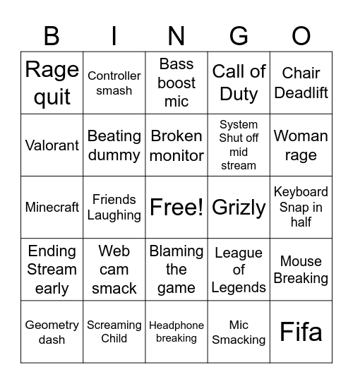 Streamer Rage Bingo Card