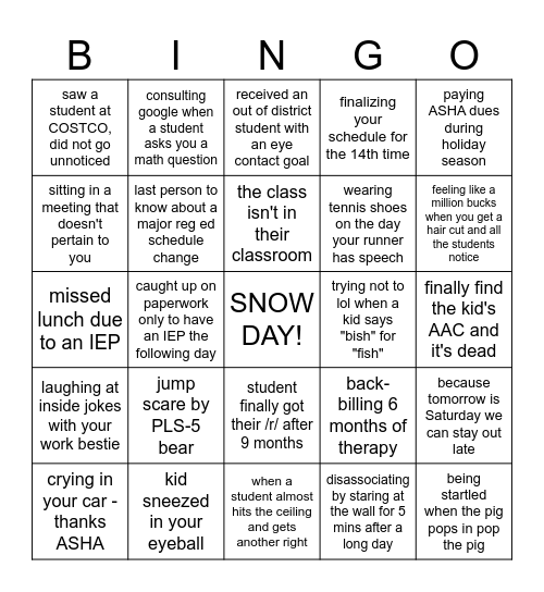 Speech-Language Pathology Bingo Card