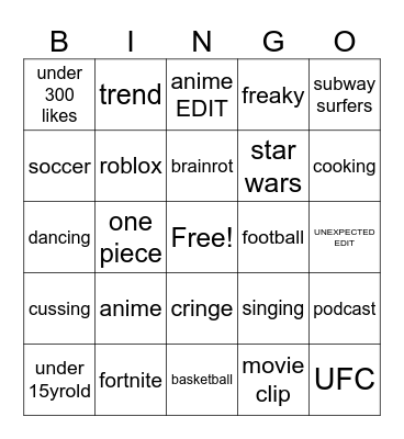 tik tok Bingo Card