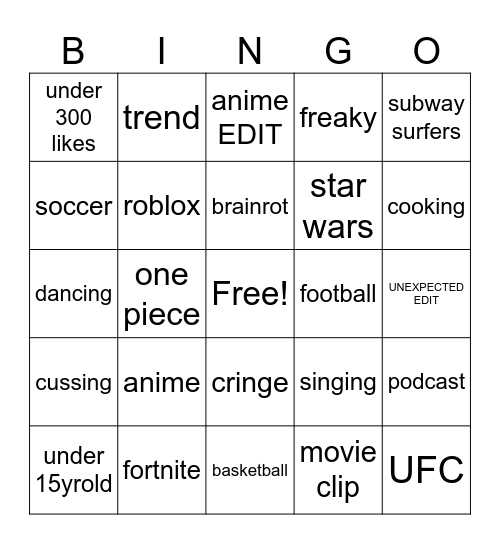 tik tok Bingo Card