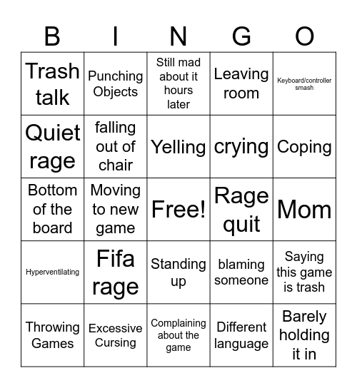 Gamer Rage Bingo Card