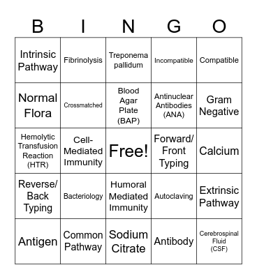MLT 101 Exam 4 BINGO Card