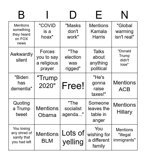 Thanksgiving Bingo: Trump-Loving Grandparents Edition Bingo Card