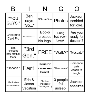 Shanksgiving Family Bingo 24 Bingo Card