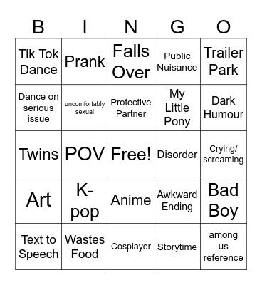 Cringe Tok Compilation Bingo Card