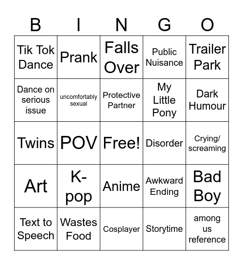 Cringe Tok Compilation Bingo Card