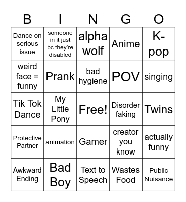 Cringe Tok Compilation Bingo Card