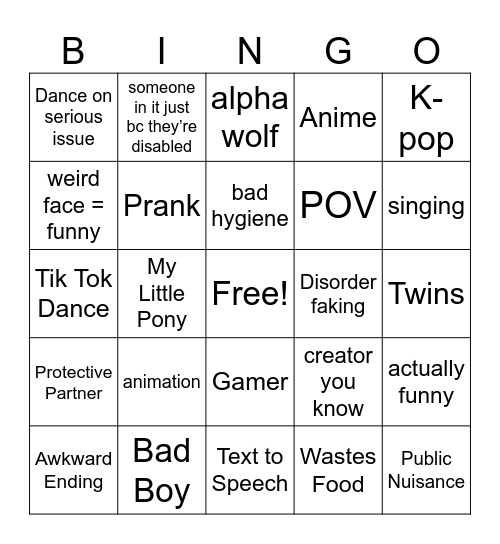 Cringe Tok Compilation Bingo Card